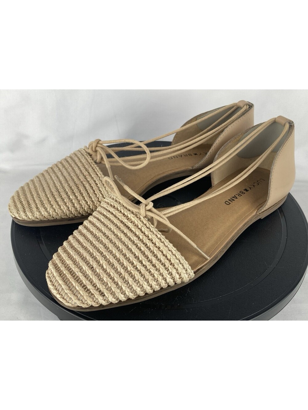 Women’s Size 7 Lucky Brand Flat Shoes Raffia Woven Lace Up Ankle Tie Beige Tan